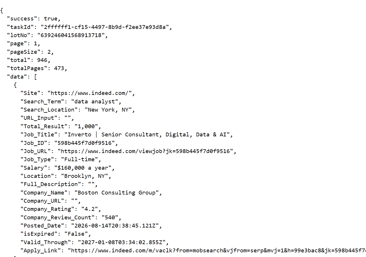Saved export response showing 946 rows, two rows per page, and the first Indeed job record with empty description and company URL.