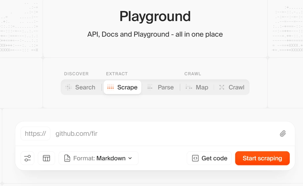 Firecrawl Playground with Scrape selected, a URL input, and Markdown output controls.