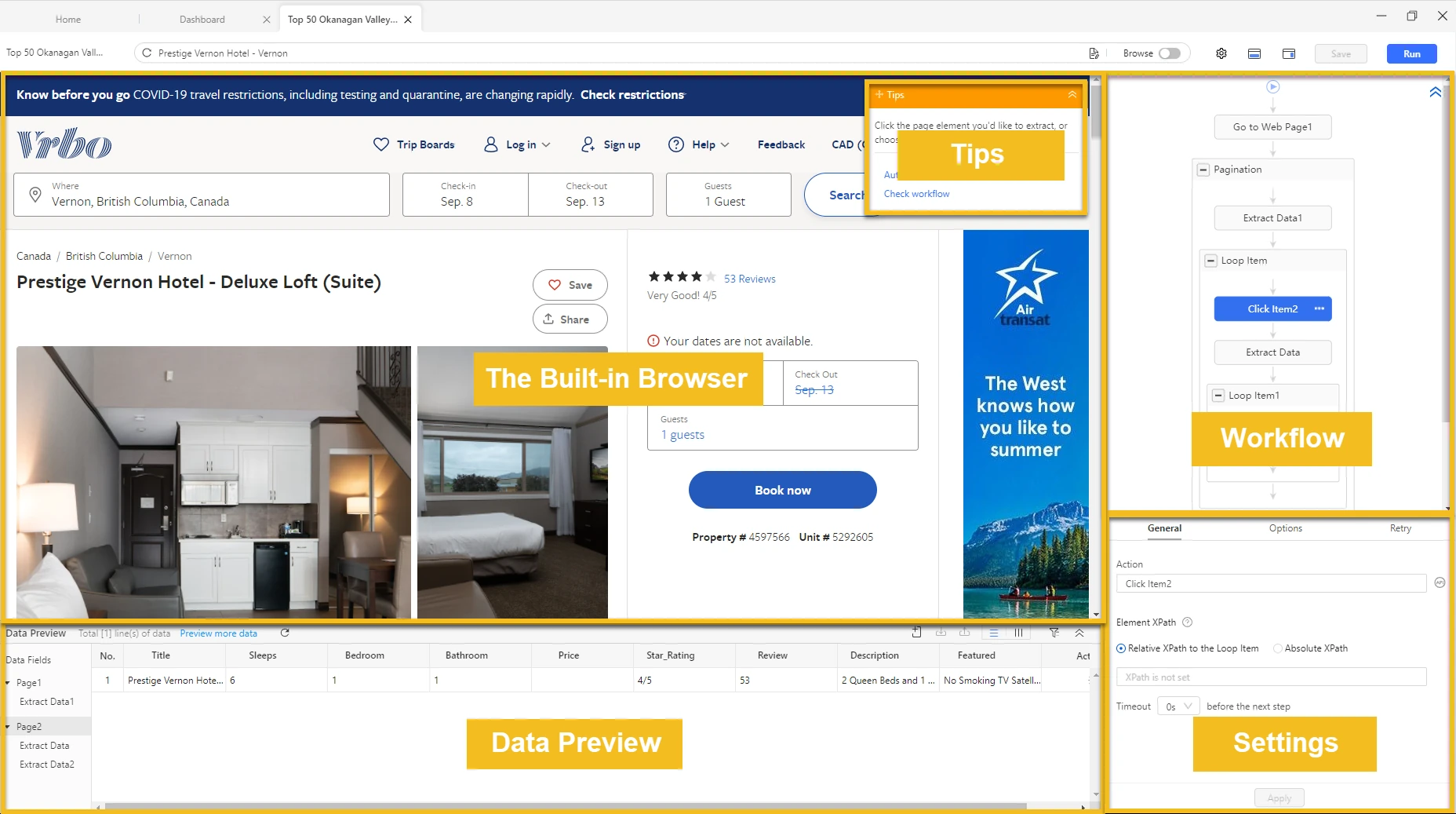 Octoparse Desktop workspace with the built-in browser, workflow, settings, and data preview.