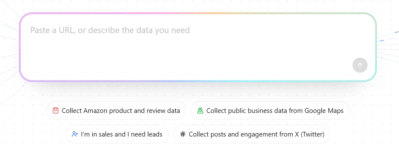 Octoparse homepage input for a URL or data request, with suggested collection prompts.