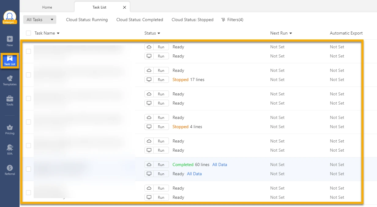 Octoparse task list showing local and cloud run controls, task status, next run, and automatic export columns.