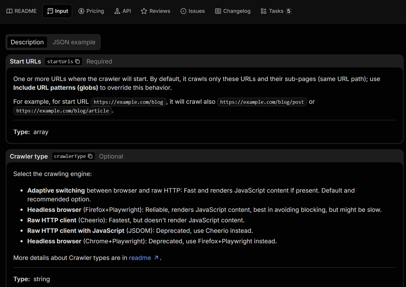 Apify Website Content Crawler input schema showing start URLs and crawler type options.