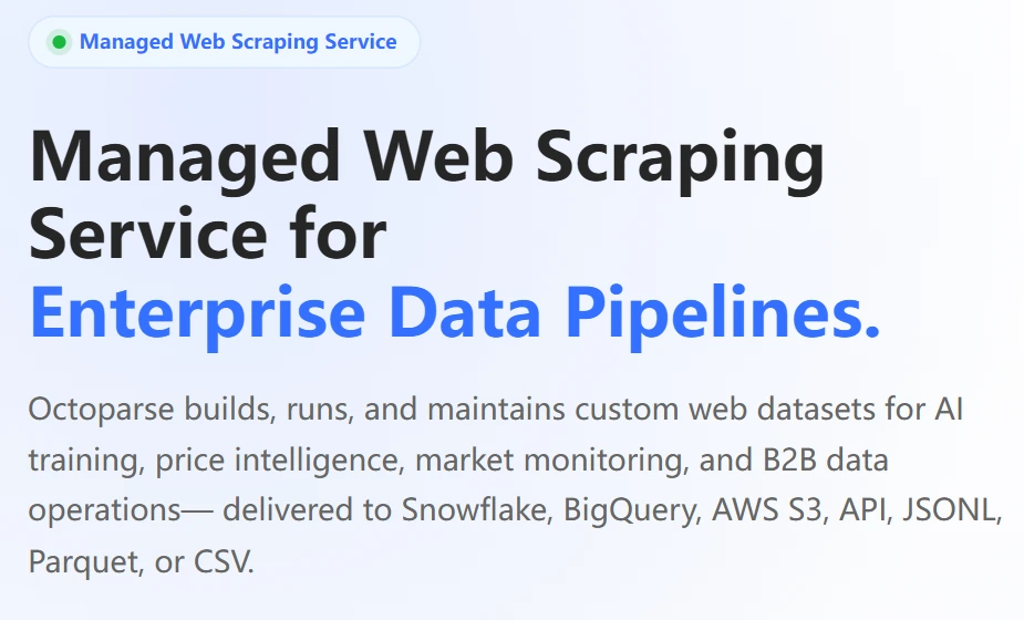 Octoparse Data Service website describing managed web data delivery and supported destinations.