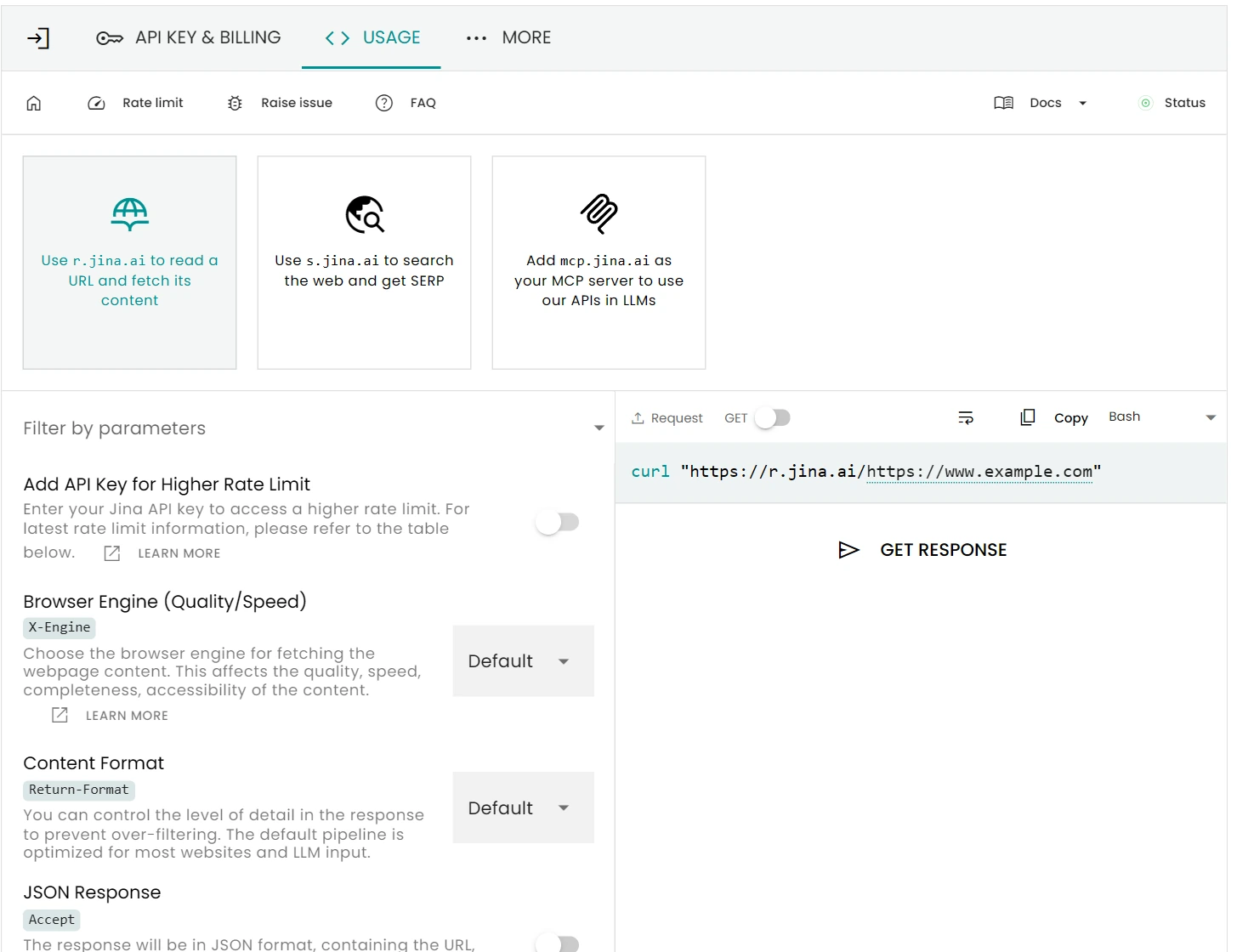 Jina Reader API parameter controls alongside a generated curl request.