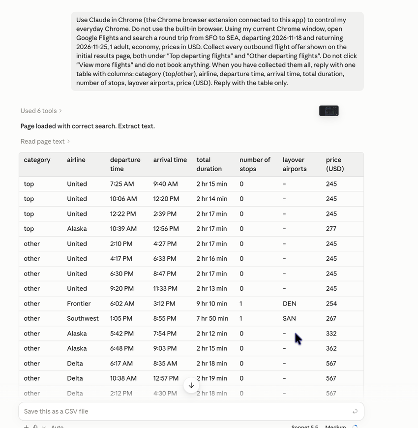 Claude flight table, run 1