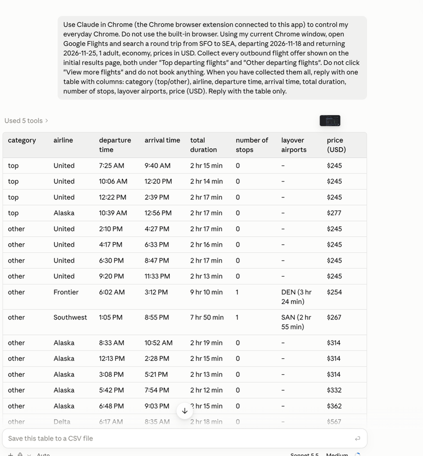 Claude flight table, run 2