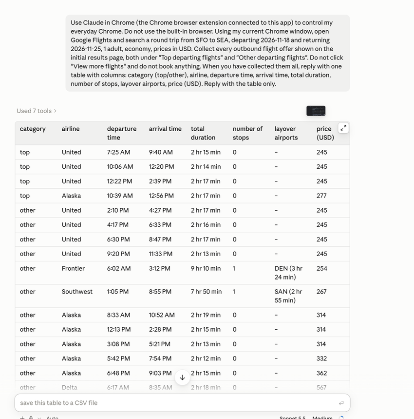 Claude flight table, run 3