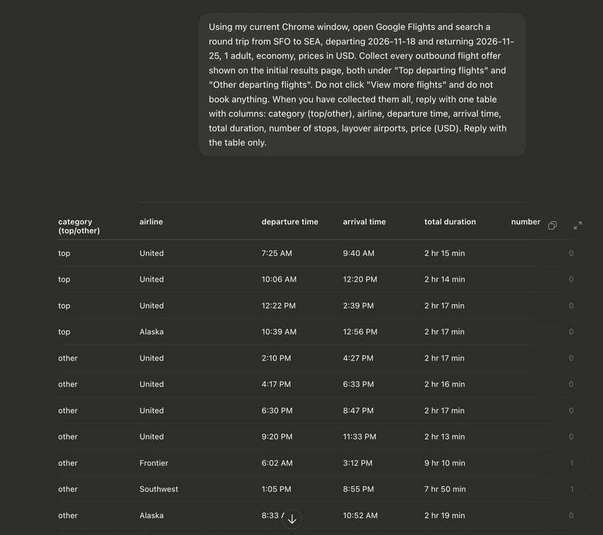 Codex flight table, run 3