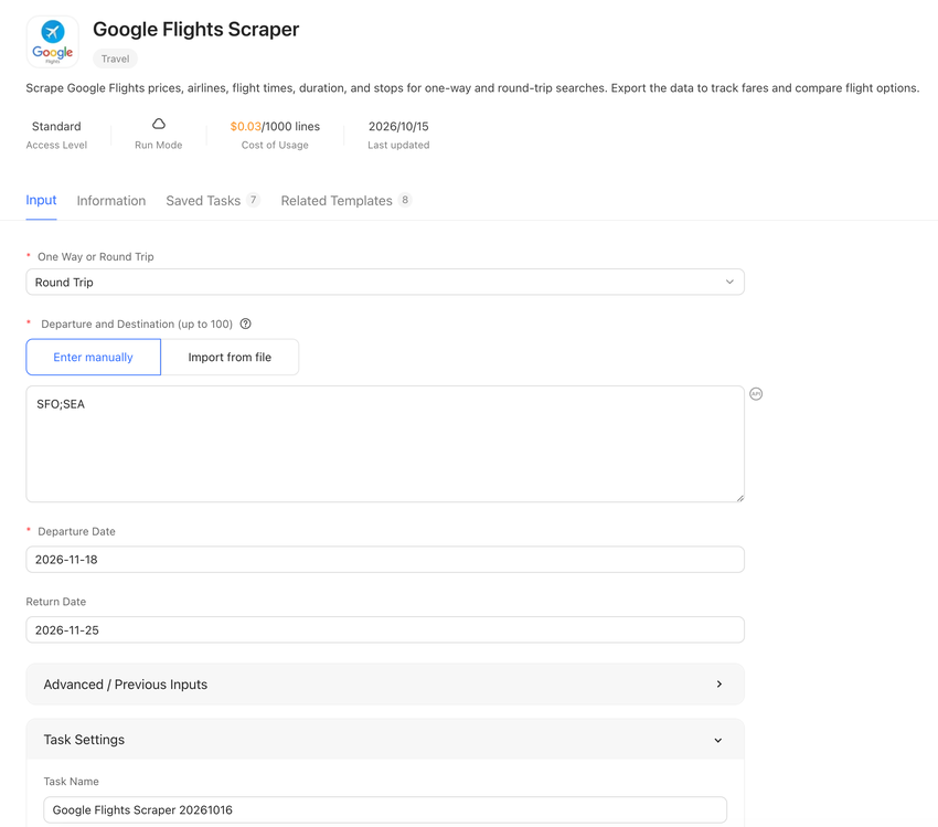 Google Flights Scraper input form