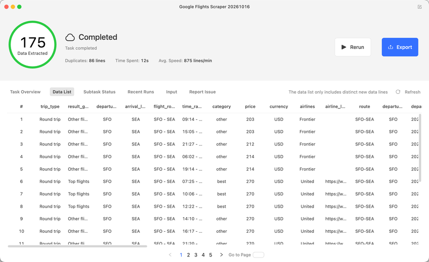 Google Flights Scraper results, 175 rows