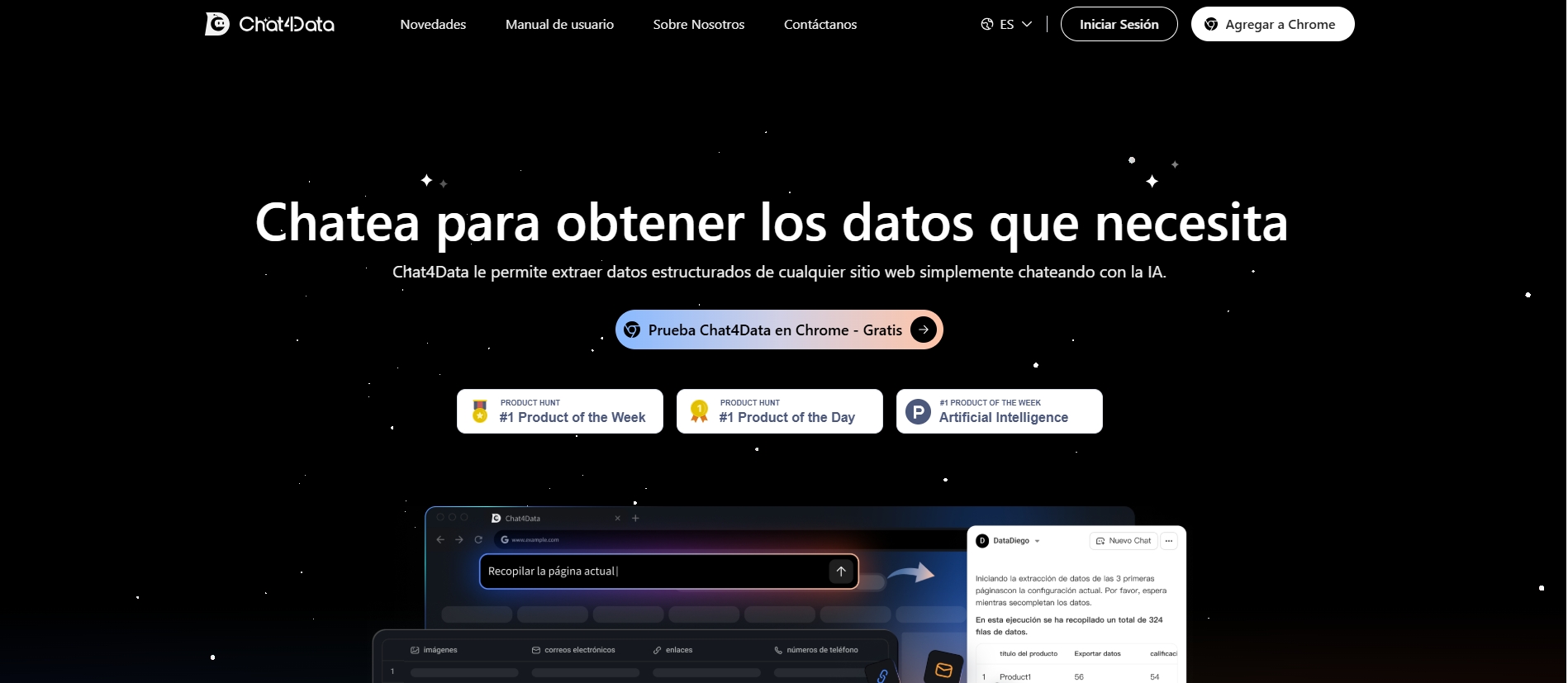 Muestra de interfaz de la extensión Chat4data para scrapear datos de cualquier página web chateando con IA.