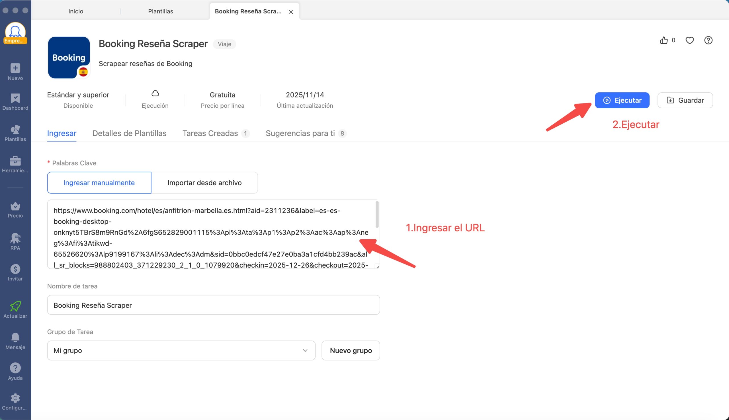 Pegue el enlace URL y haga clic en "Ejecutar".