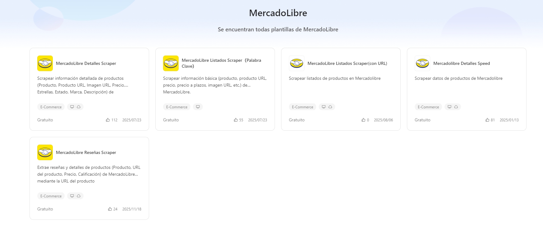Muestra de cinco plantillas de MercadoLibre en Octoparse