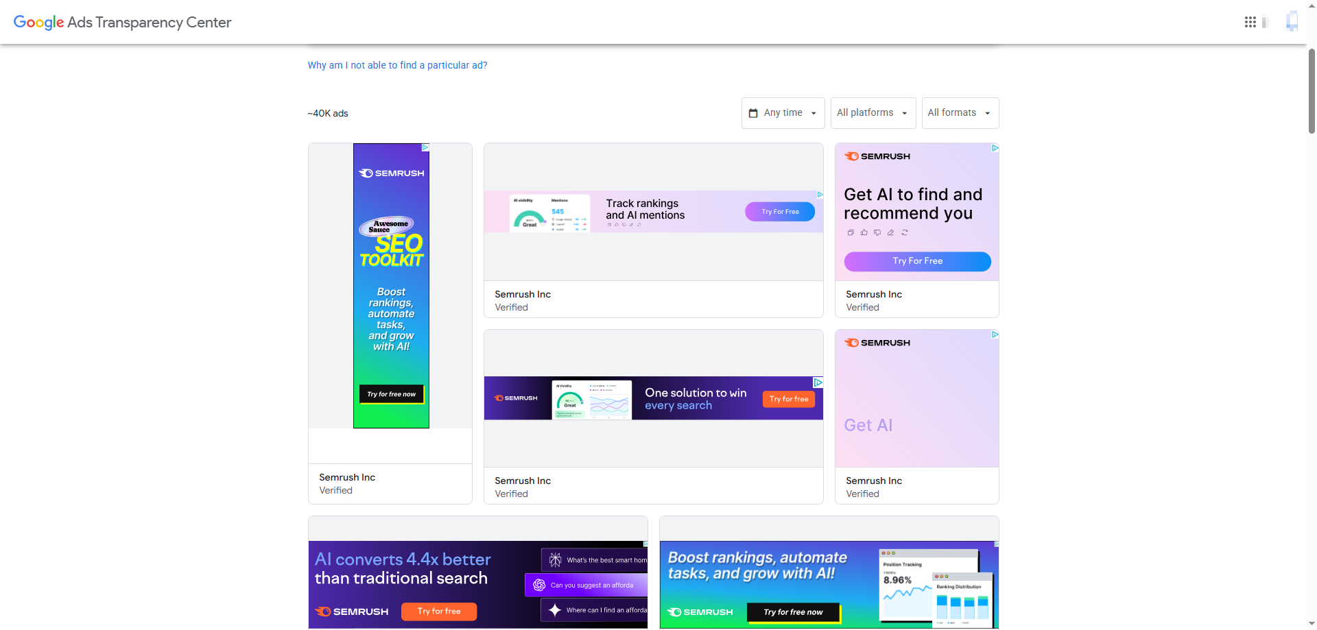 Anuncios de Google Ads visibles en el centro de transparencia publicitaria por anunciante.