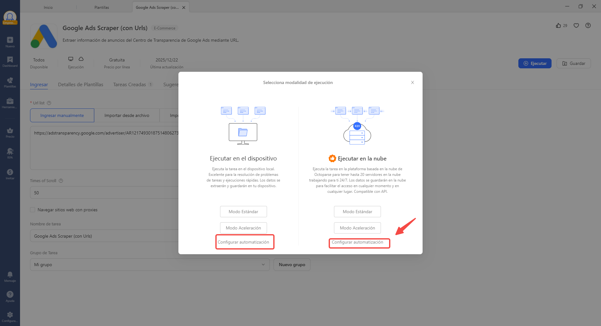 Cómo configurar la monitorización automatizada con la plantilla Google Ads Scraper de Octoparse (diagrama paso primero)
