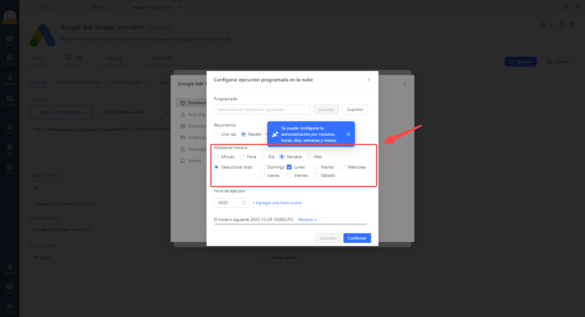 Cómo configurar la monitorización automatizada con la plantilla Google Ads Scraper de Octoparse (diagrama paso segundo)