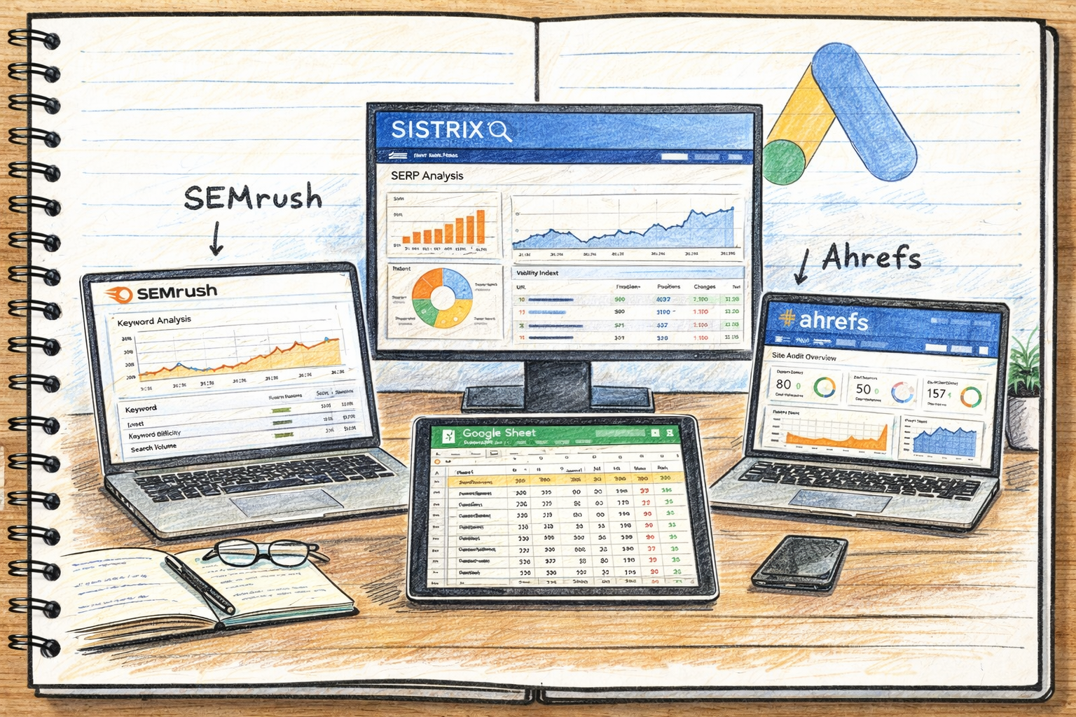Esquema visual de análisis de anuncios de Google Ads con datos de keywords, SERP y páginas de destino, utilizando el Centro de transparencia publicitaria de Google para una monitorización orientada a resultados y ROI.