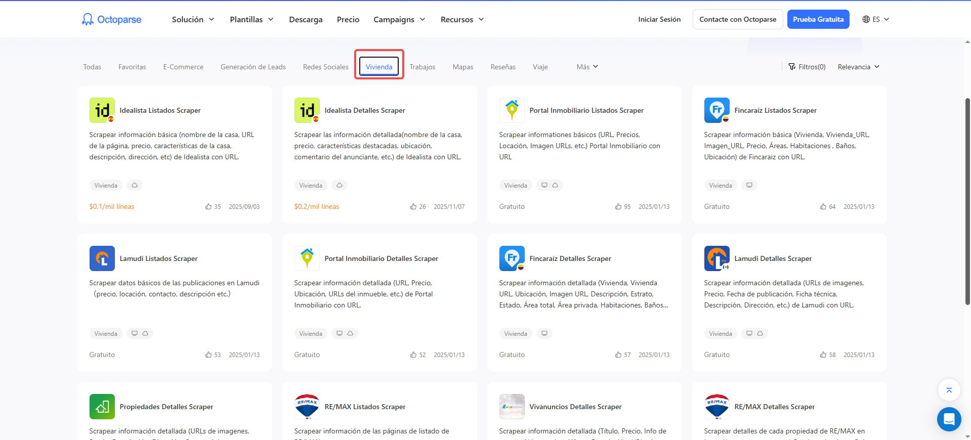 Plantillas de scraping inmobiliario para extraer datos de viviendas, precios, ubicaciones e imágenes desde portales inmobiliarios como Idealista, Fotocasa, Fincaraíz y Lamudi