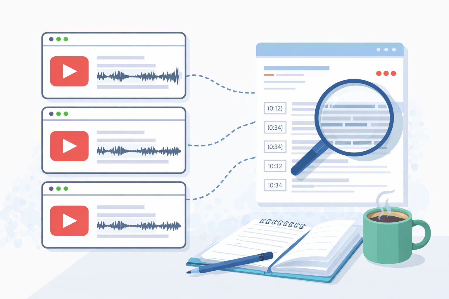 Ilustración en estilo plano que muestra cómo extraer transcripciones de videos de YouTube y convertir el audio en texto con marcas de tiempo para análisis y reutilización de contenido.