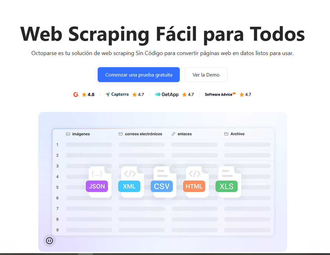 Captura de pantalla de la interfaz oficial de octoparse.es