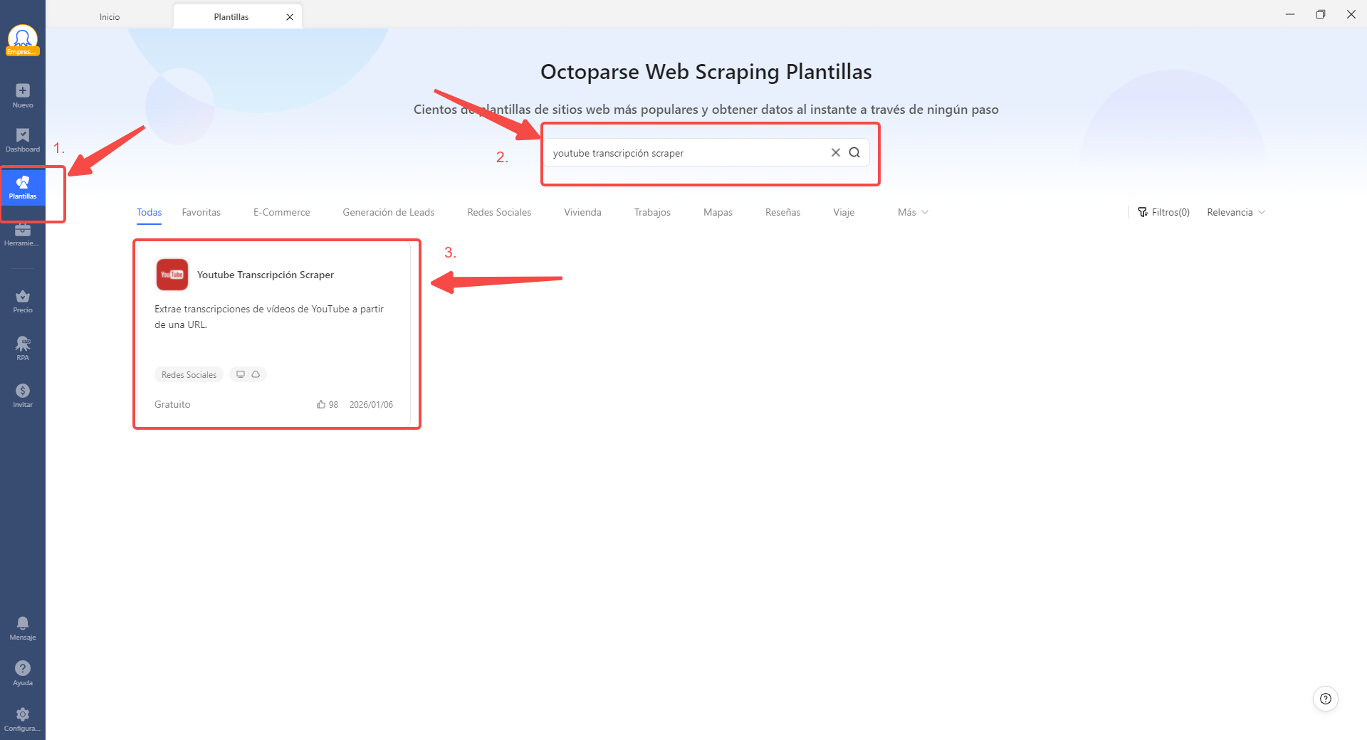 Captura de pantalla de Octoparse mostrando cómo buscar y seleccionar la plantilla “YouTube Transcripción Scraper” en la sección de Plantillas para extraer transcripciones de videos de YouTube por URL.