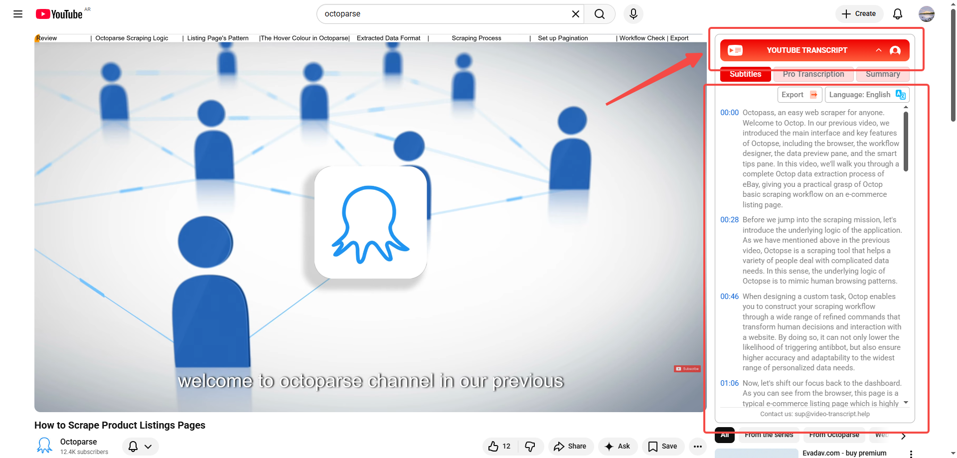 Captura de pantalla de un ejemplo de aplicación de extensión de Google para obetener subtítulos de videos de YouTube.