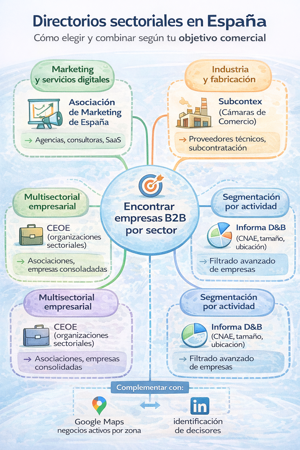 Infografía tipo mapa mental que muestra cómo encontrar empresas B2B por sector en España usando directorios sectoriales como asociaciones de marketing, Subcontex de Cámaras de Comercio, CEOE e Informa D&B, y cómo complementar con Google Maps y LinkedIn.
