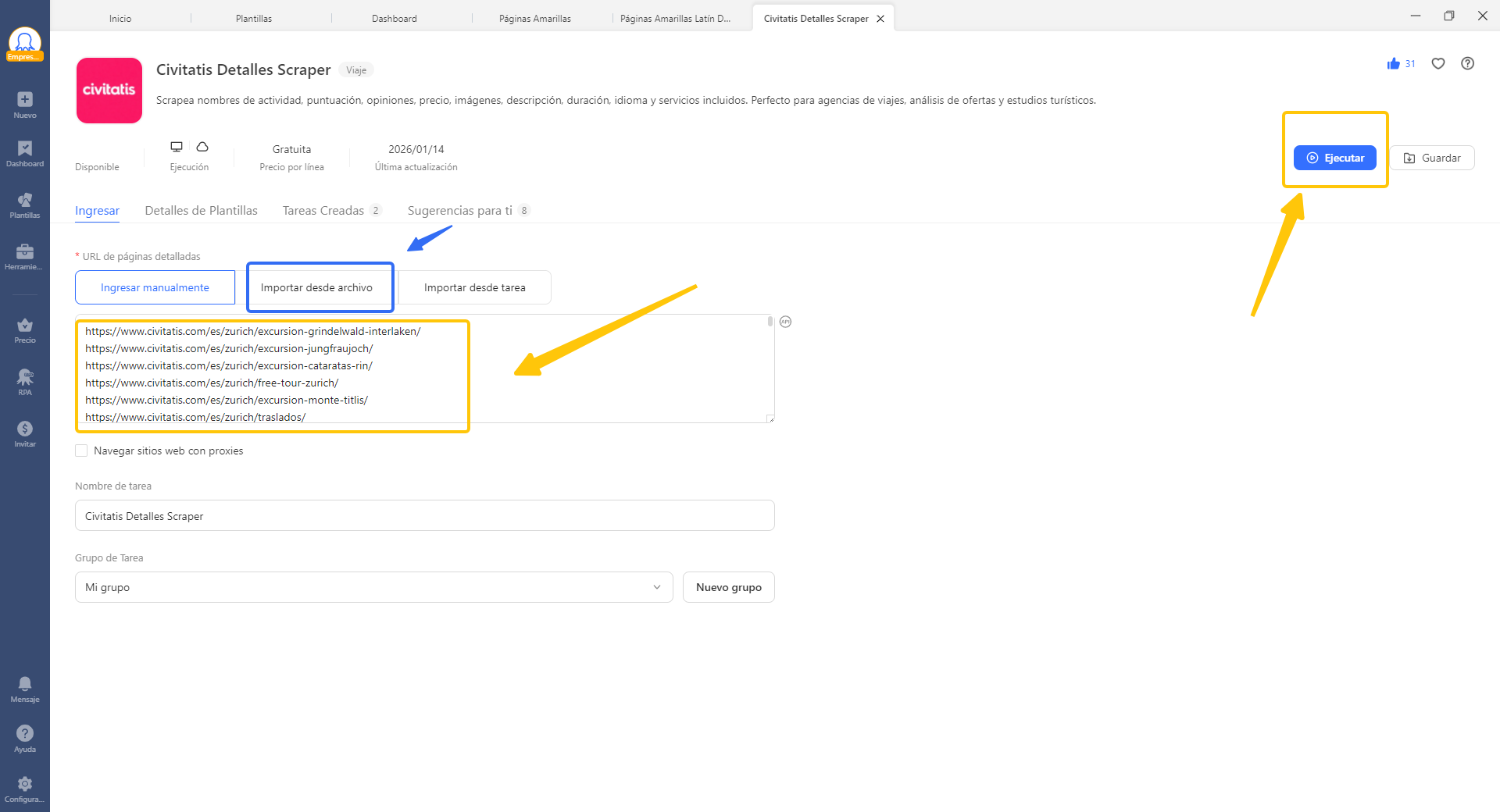 Interfaz de Octoparse con el Civitatis Detalle Scraper, donde se introducen URLs de actividades de Civitatis para extraer datos detallados como precios, valoraciones y descripciones.