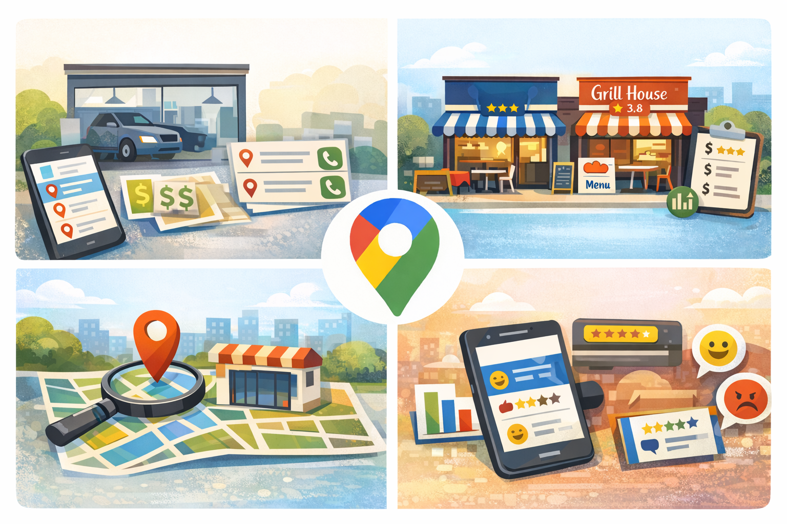 Ilustración sobre el uso de datos de Google Maps para generación de leads B2B, análisis de la competencia, exploración de nuevos mercados y análisis de reseñas de clientes, a partir de información de negocios locales, ubicaciones y opiniones.