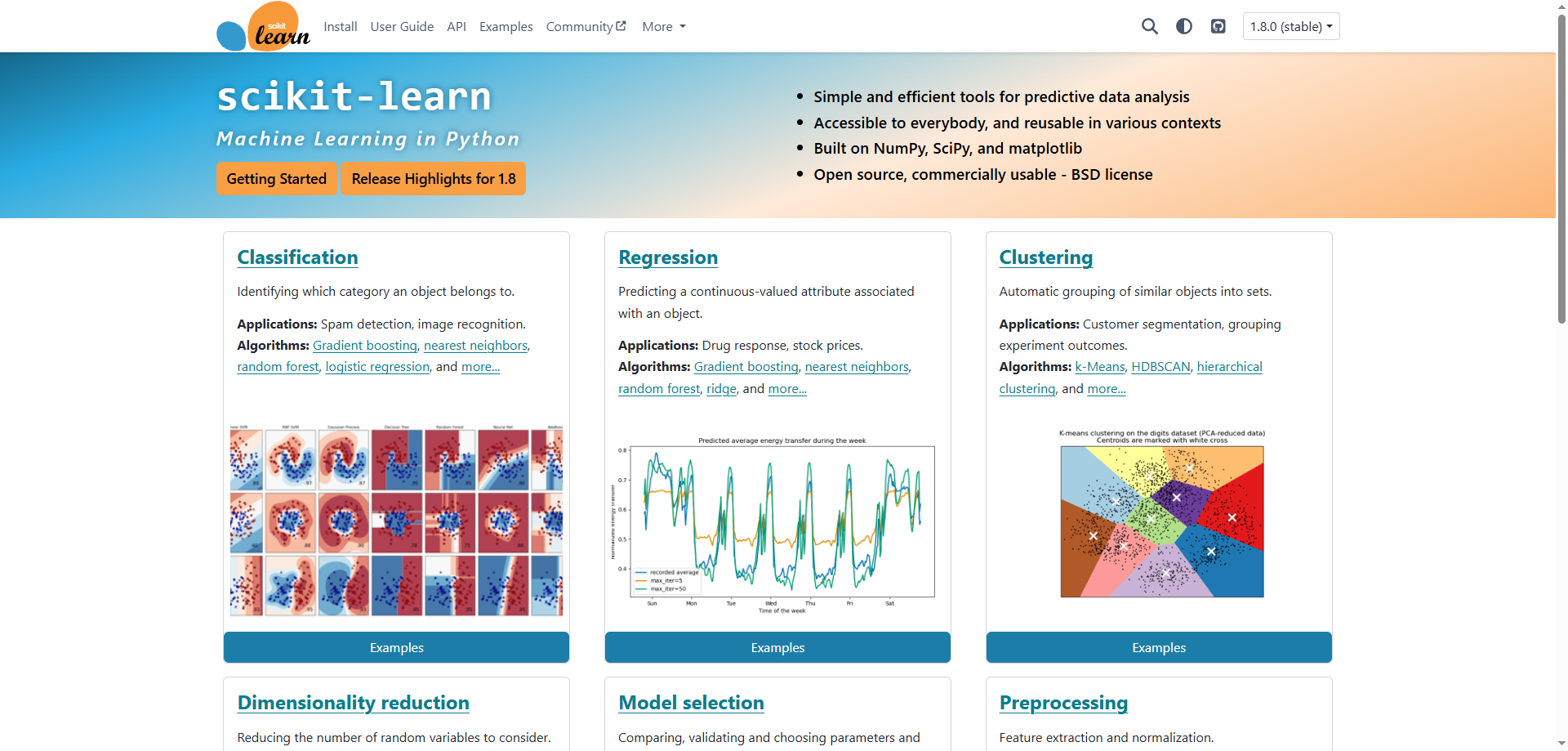 Captura de pantalla de la página de inicio del sitio web de scikit-learn