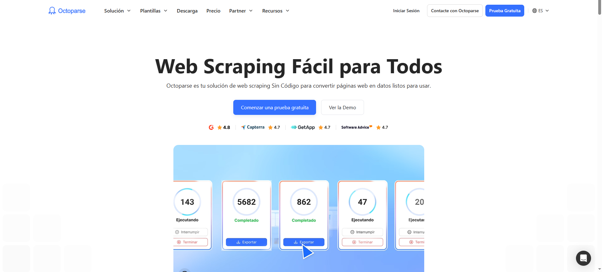 Captura de pantalla de la página de inicio del sitio web de Octoparse.es