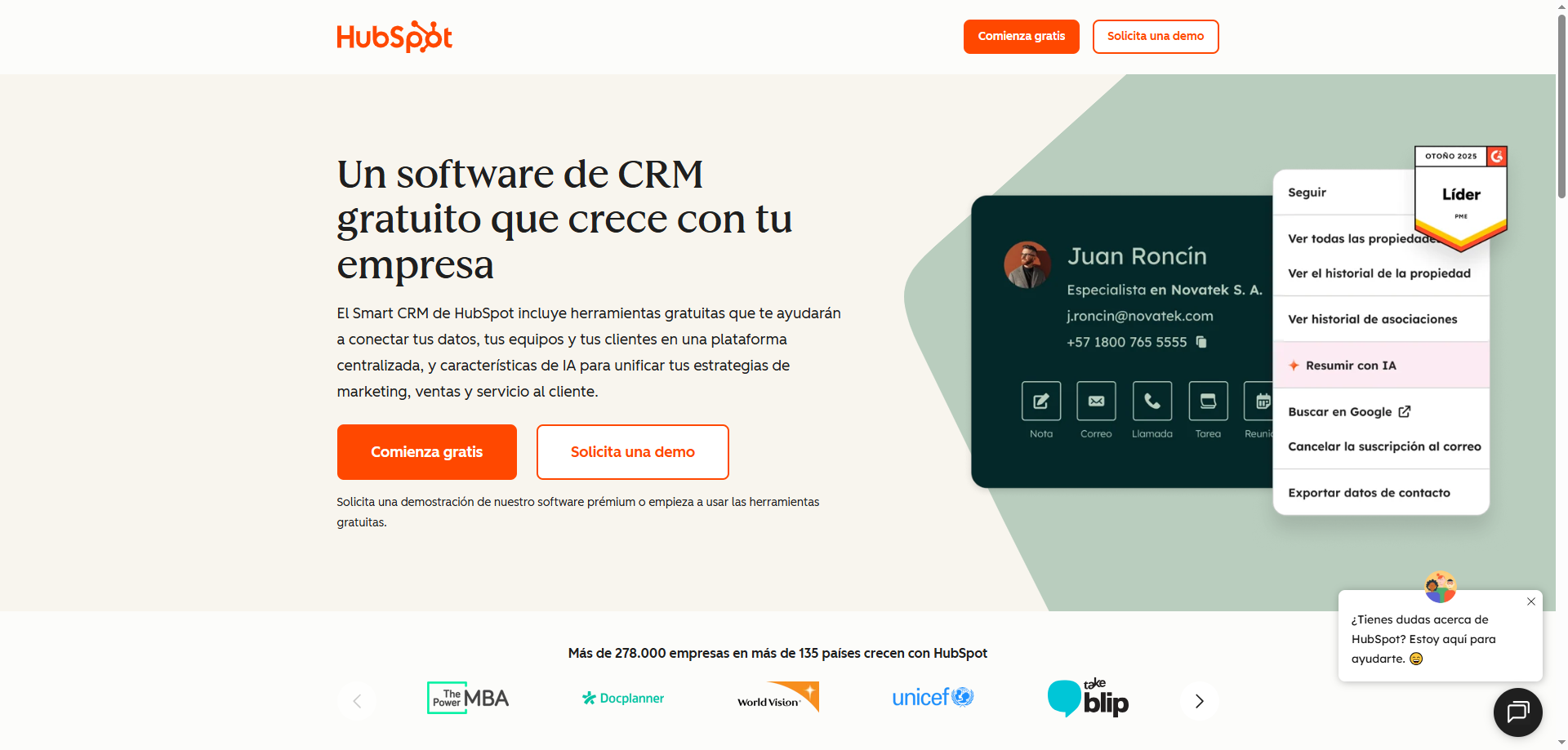 Captura de pantalla de la interfaz de HubSpot