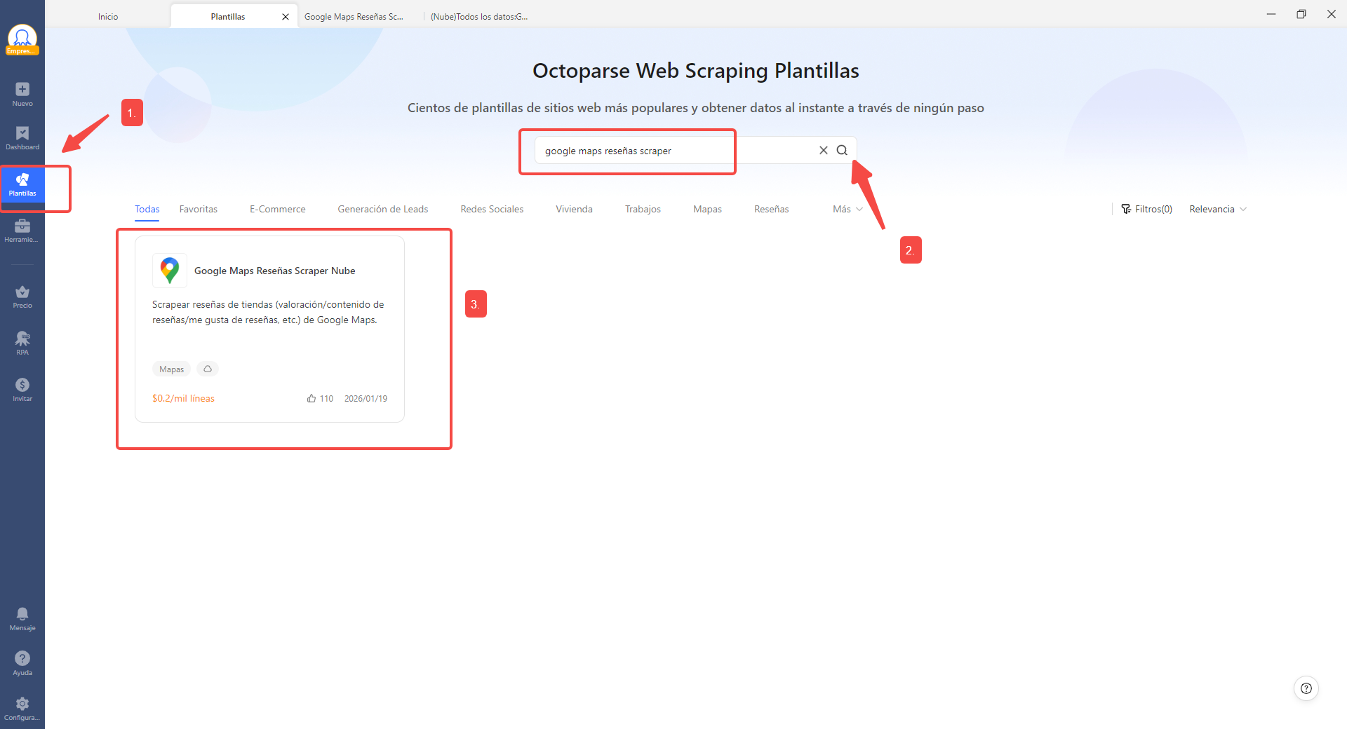 Interfaz de Octoparse en la sección Plantillas buscando la plantilla Google Maps Review Scraper.