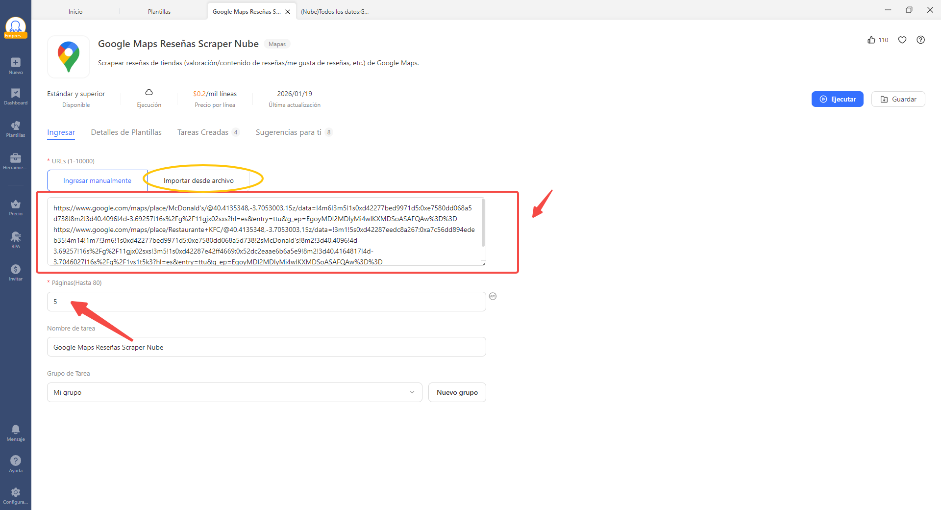 Panel de la plantilla Google Maps Review Scraper en Octoparse con el campo para introducir la URL del negocio.