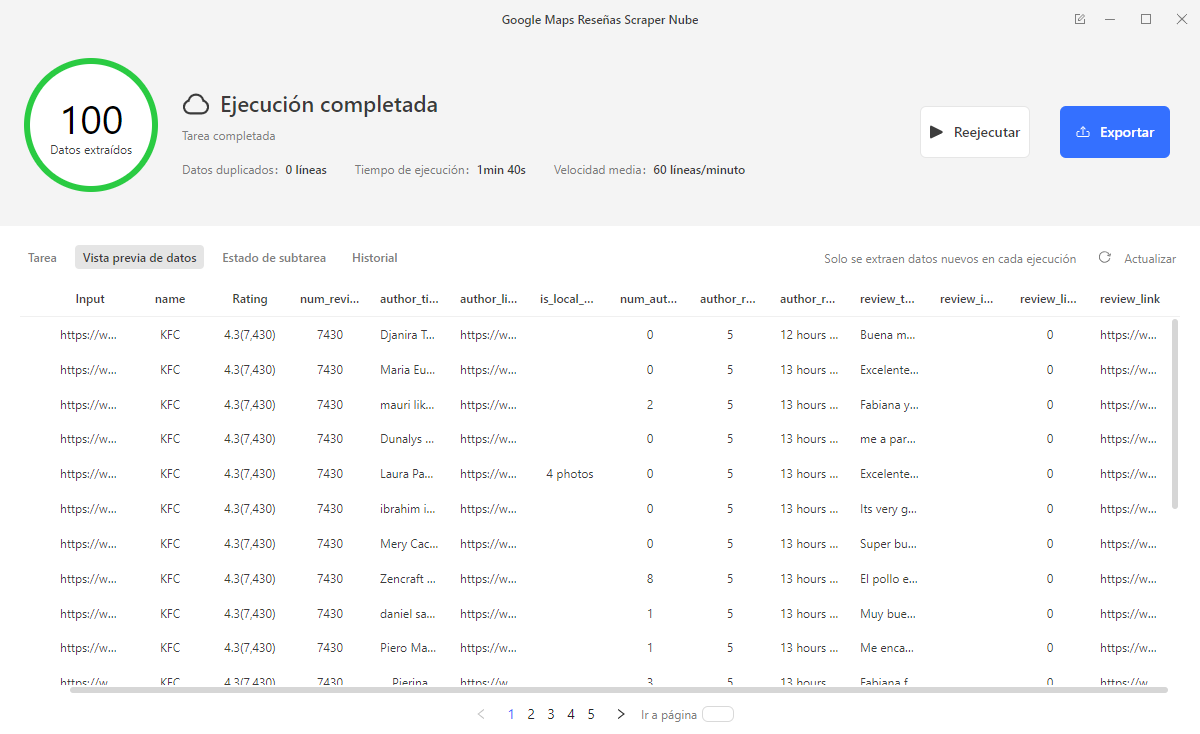 Vista previa de datos extraídos de reseñas de Google Maps en Octoparse con columnas como puntuación, fecha y comentario.
