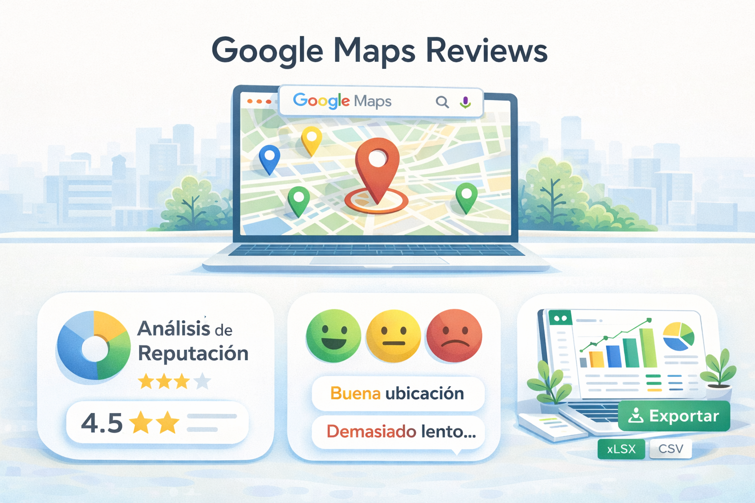 Ilustración plana que muestra la extracción de reseñas de Google Maps, análisis de reputación con puntuación 4.5 estrellas, iconos de sentimiento positivo y negativo, y exportación de datos a Excel (XLSX y CSV).