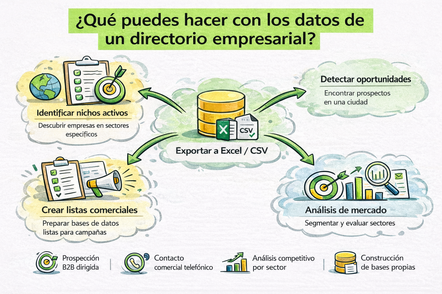 Infografía profesional que muestra cómo usar datos de un directorio empresarial para prospección B2B, segmentación comercial, análisis de mercado y creación de bases de datos en Excel.