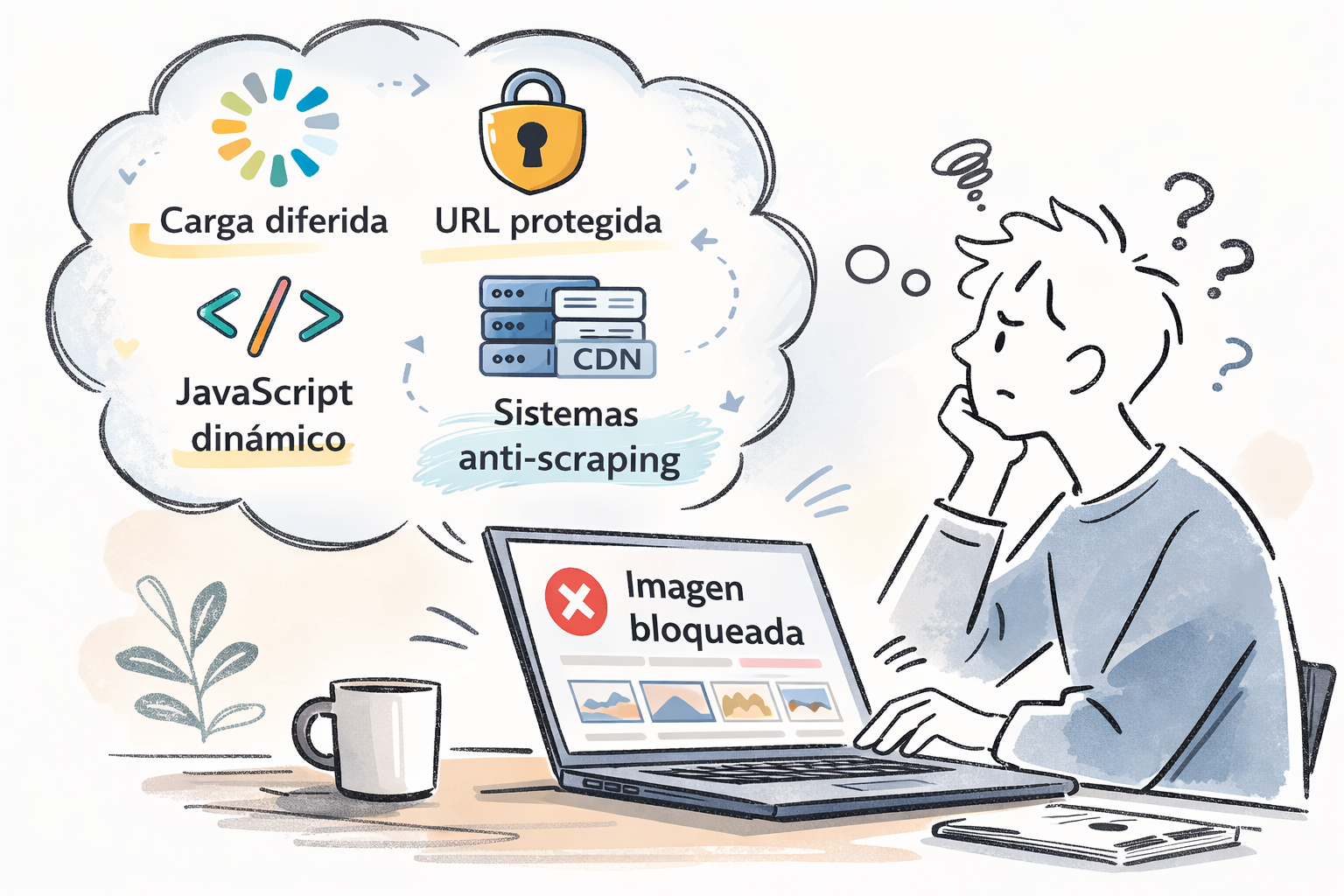 Ilustración que muestra por qué algunas imágenes no se pueden extraer de sitios web debido a lazy loading, JavaScript dinámico, URLs protegidas y sistemas anti-scraping.