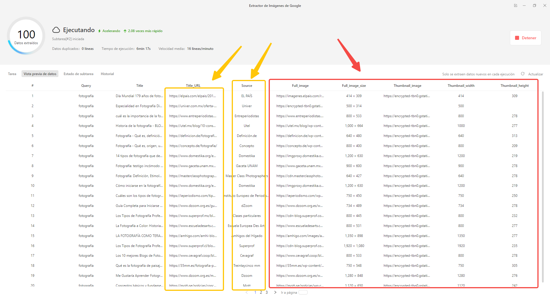 Vista previa de datos de Extractor de Imágenes de Google en Octoparse
