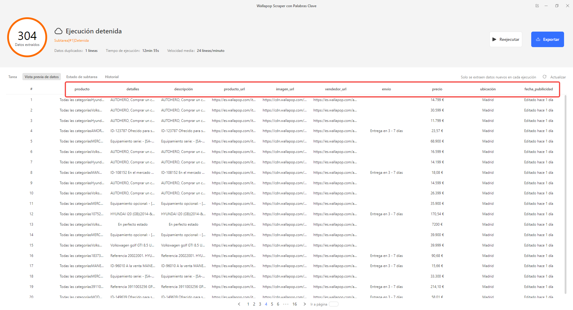 Vista previa de datos de anuncios de coches de Wallapop