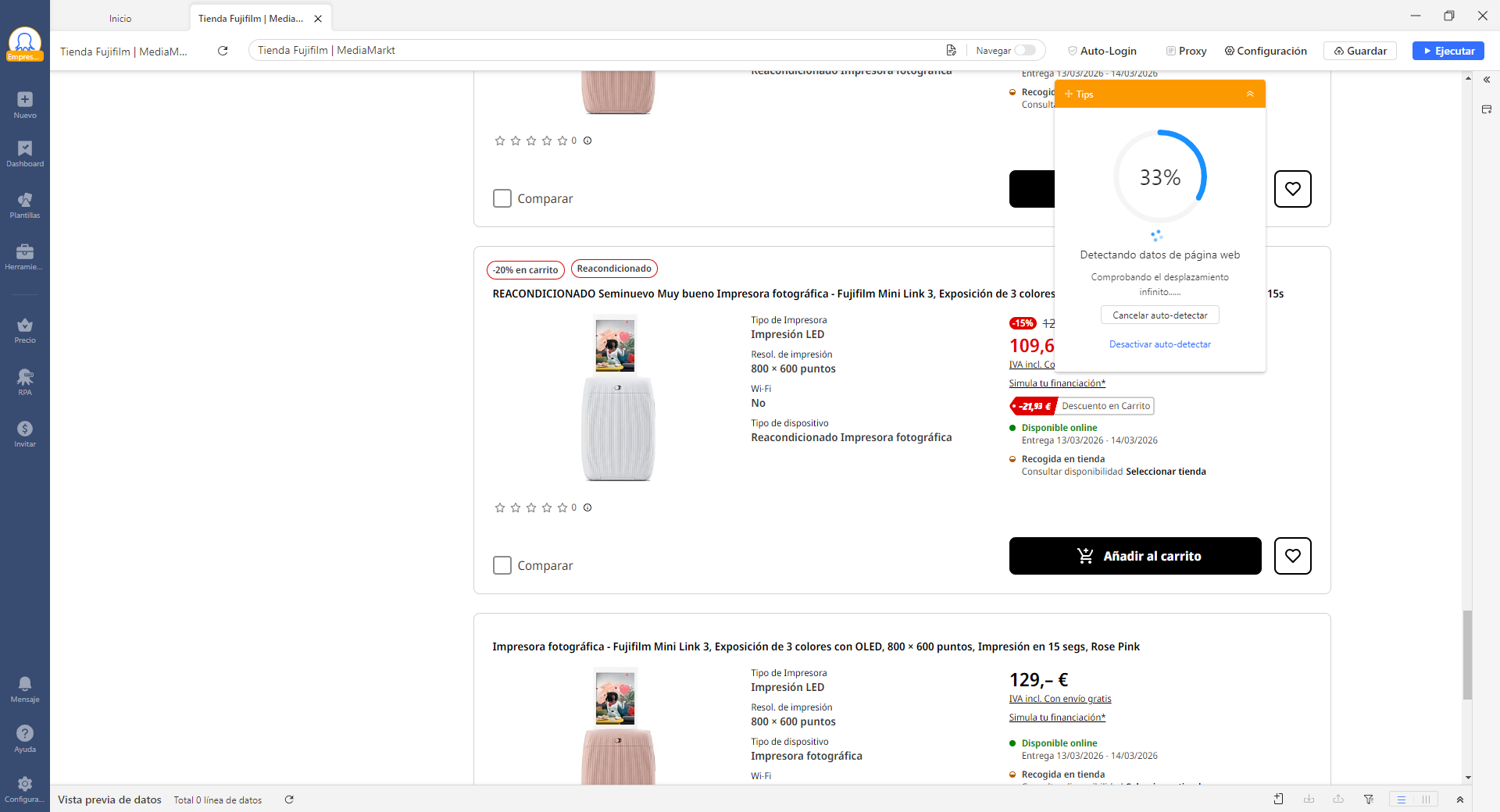 2. Usa la detección automática: Octoparse identifica automáticamente campos de datos como nombre del producto, precio, valoraciones o URL, eliminando la necesidad de configuración manual.