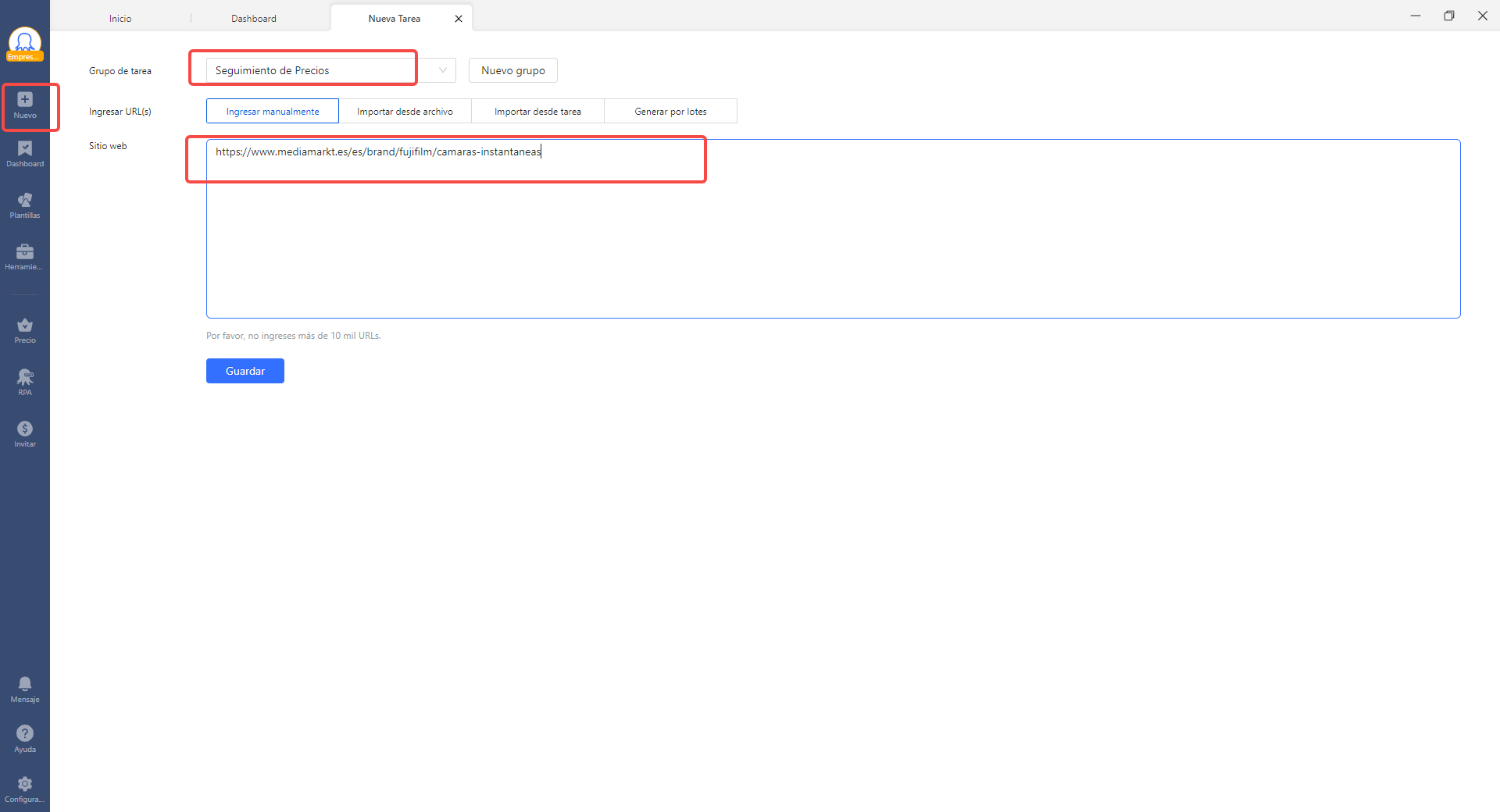 Paso 1: Crear una nueva tarea llamda "Seguimieto de precios" y pegar la URL en Octoparse