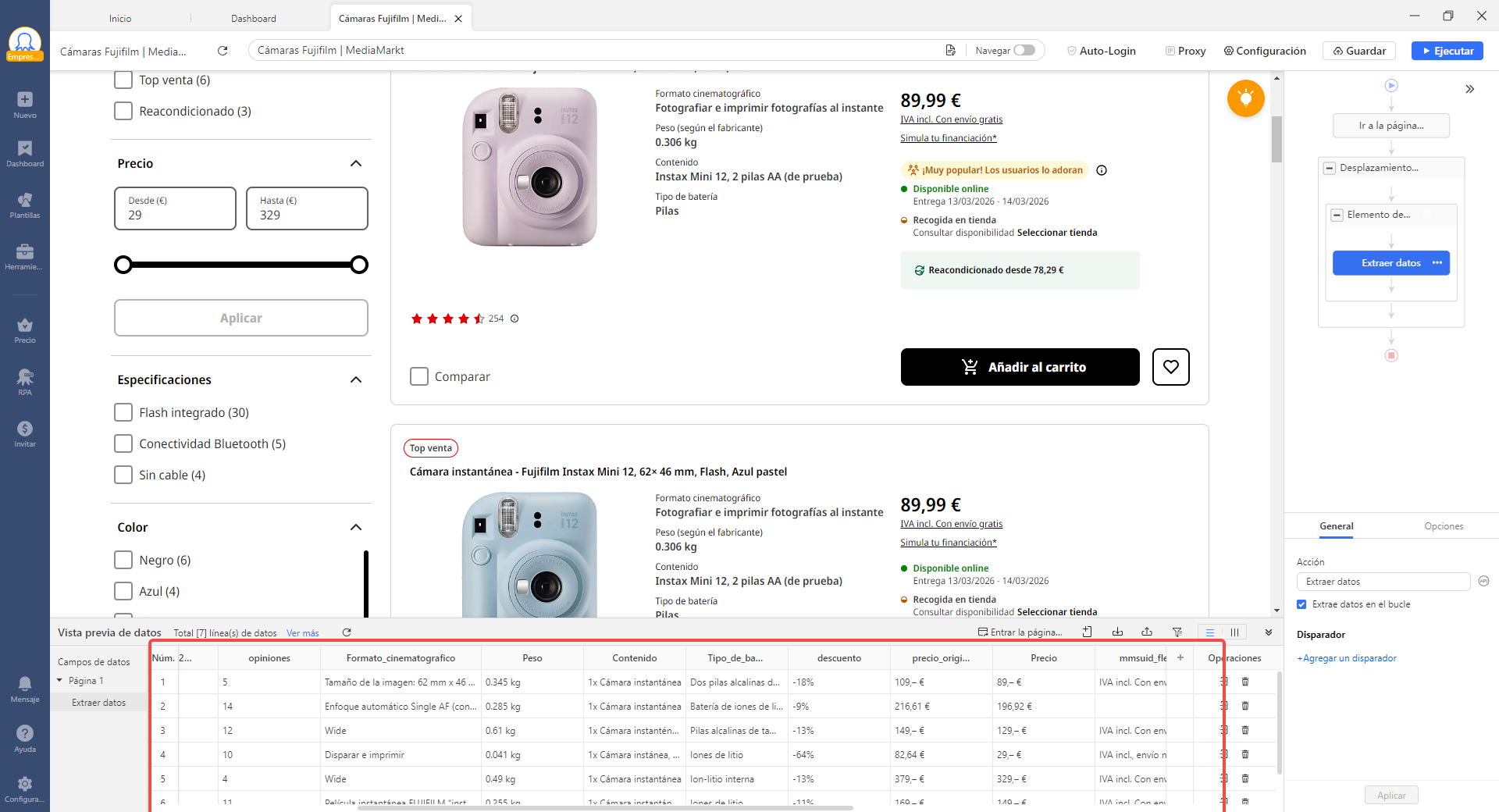 Vista previa de datos extraídos a través de la detección automática.