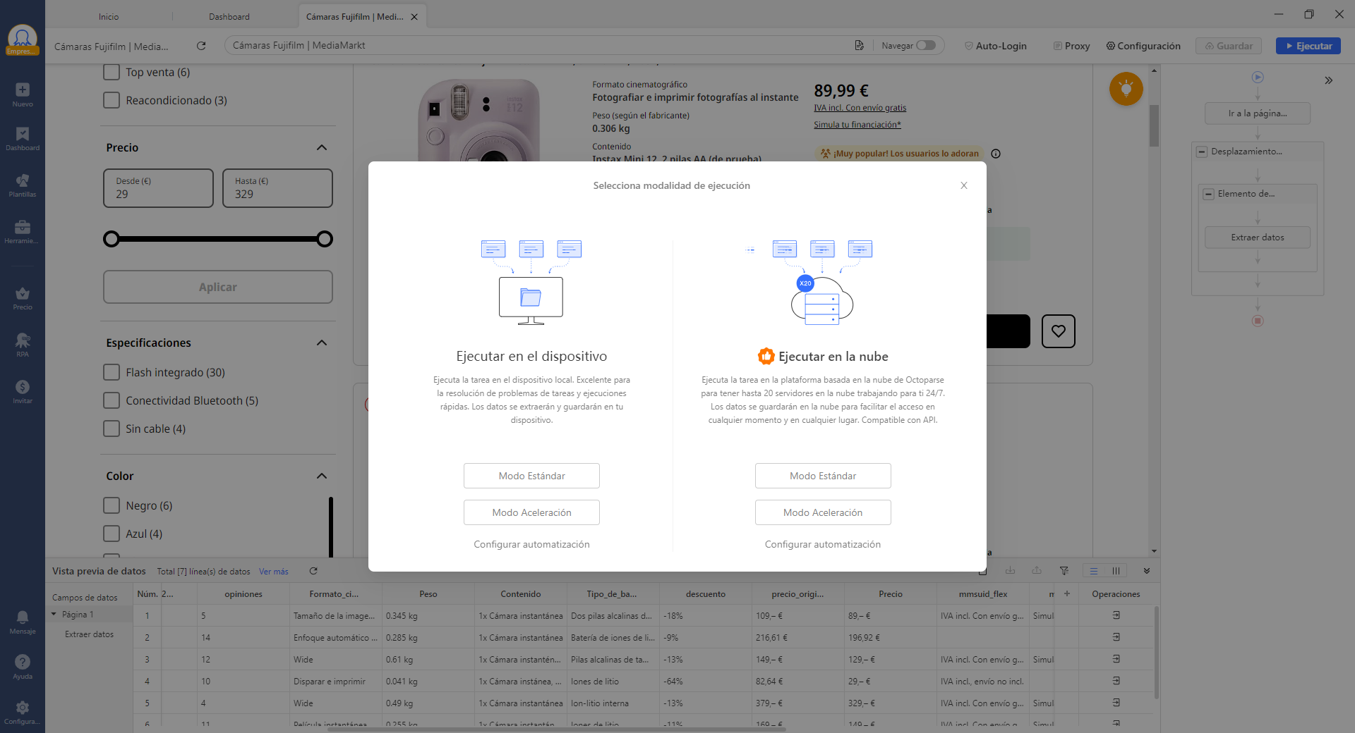 Dos modos para ejecutar en Octoparse: en el dispositivo y en la nube,.