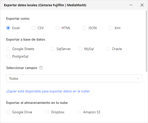 Captura de pantalla: Exporta los datos: de forma local (Excel, CSV, HTML, JSON), a una base de datos (Google Sheets, MySQL, PostgreSQL, SQL Server, Oracle) o a la nube (Google Drive, Dropbox, Amazon S3).