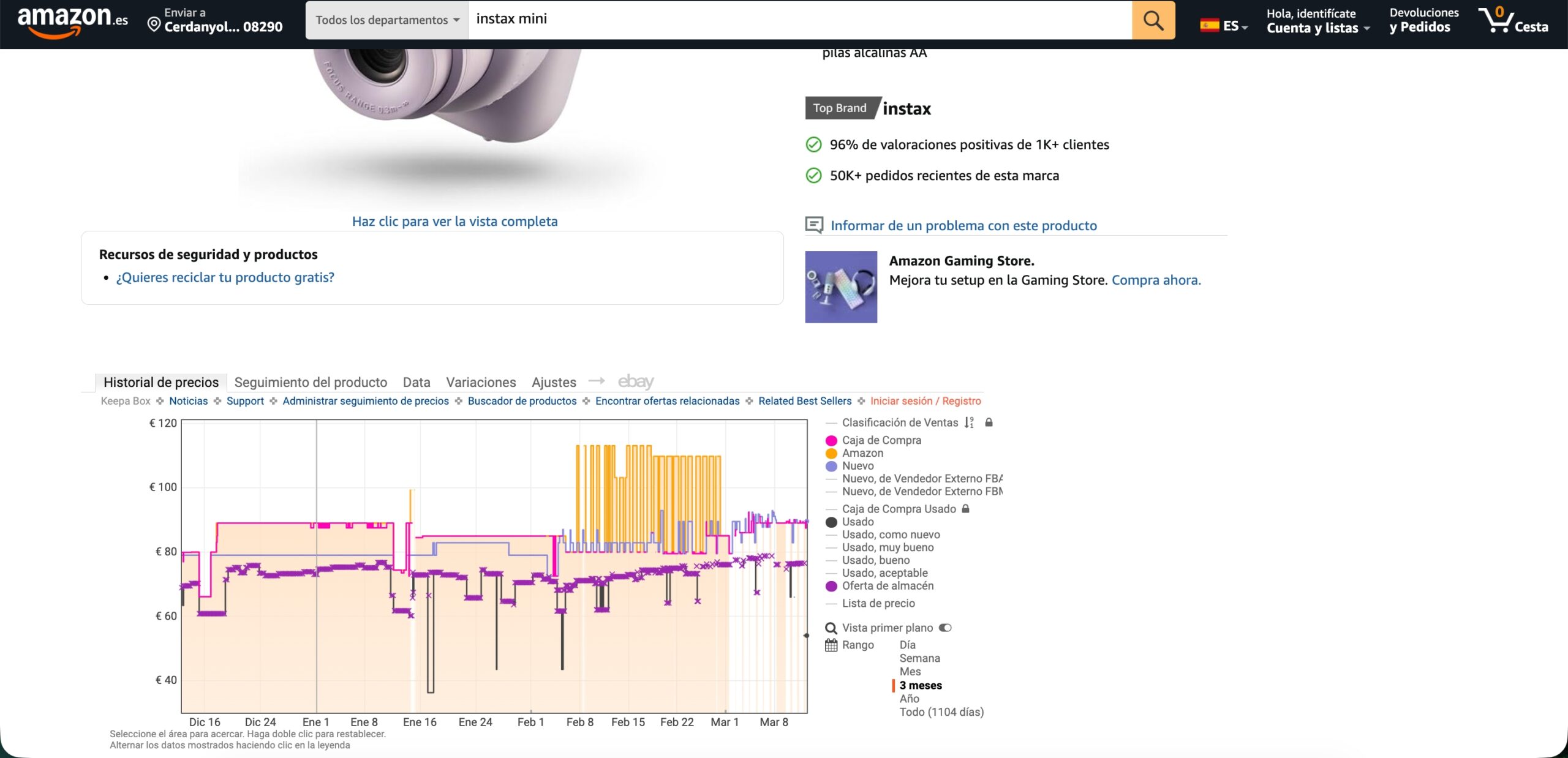 Gráfico de historial de precios de Amazon con Keepa mostrando la evolución del precio de una cámara Instax Mini en los últimos 3 meses.