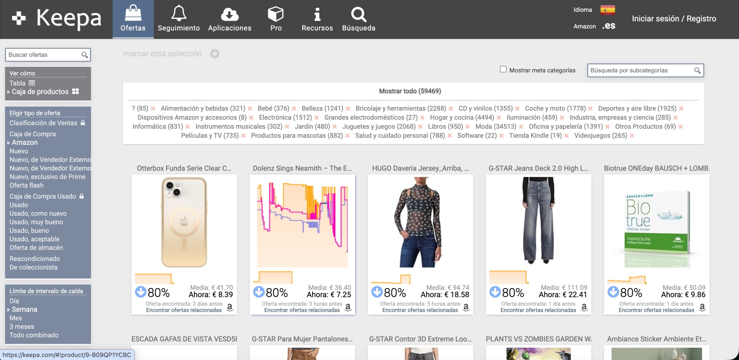 Panel de ofertas de Keepa mostrando productos de Amazon con fuertes caídas de precio y gráficos de historial de precios.