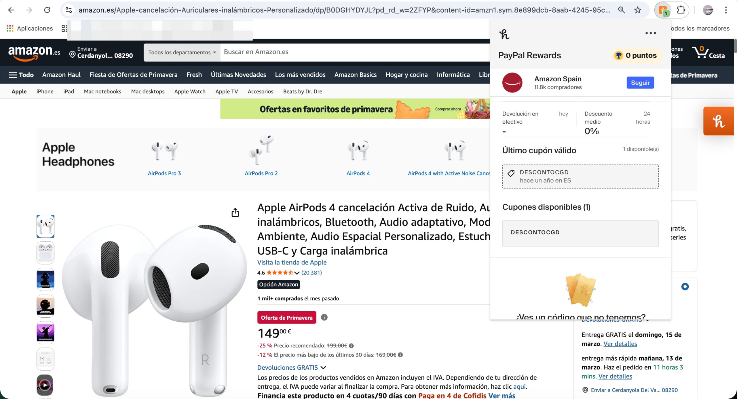 Extensión PayPal Honey detectando cupones y descuentos automáticamente en una página de producto de Amazon.