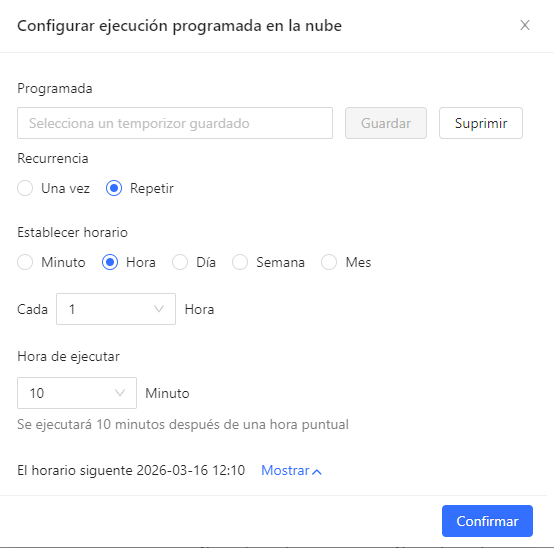 Configuración de ejecución programada en la nube en Octoparse para automatizar tareas de extracción de datos web con programación por minuto, hora, día o semana.