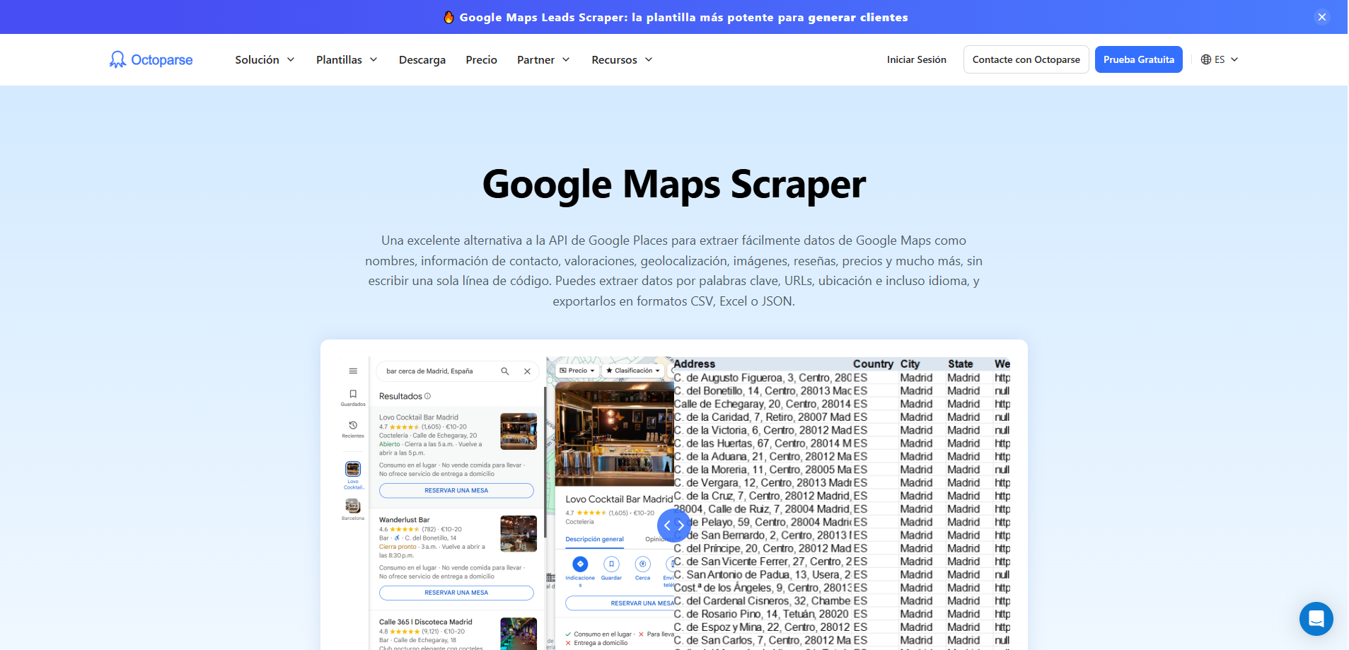 Herramienta Google Maps Scraper de Octoparse para extracción automática de datos de empresas, direcciones y reseñas desde Google Maps.